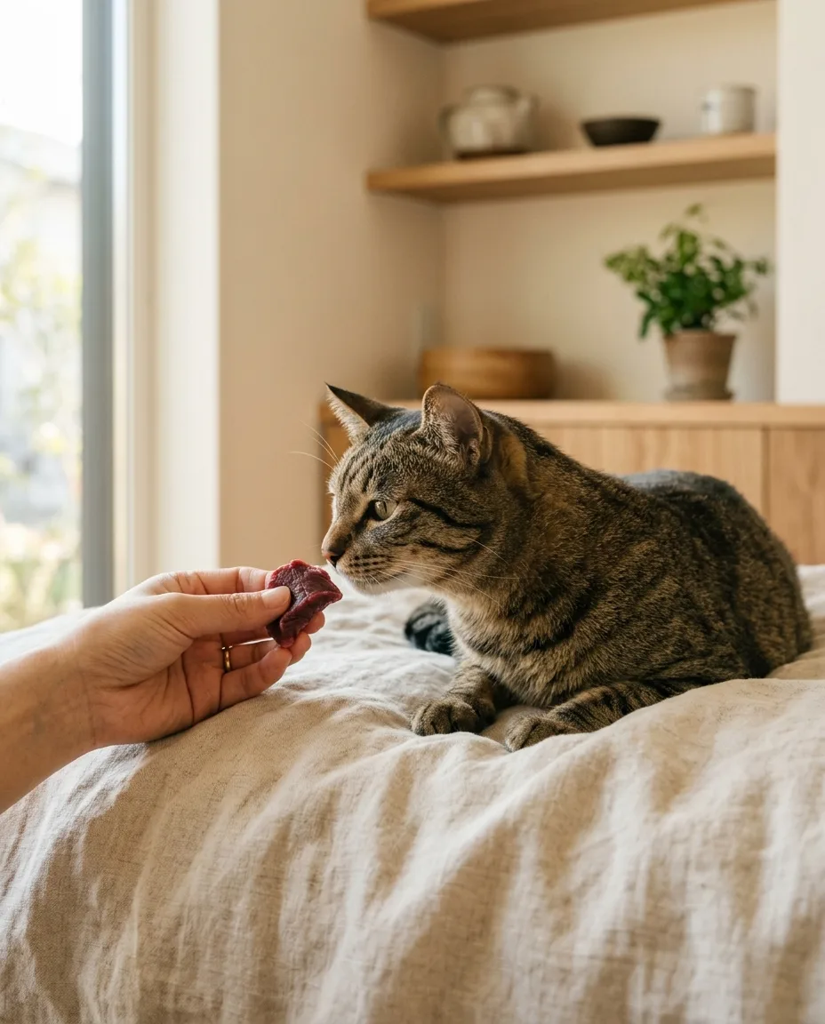 無添加の鹿肉を愛猫に与える瞬間 ココシカ 完全無添加ペットフード