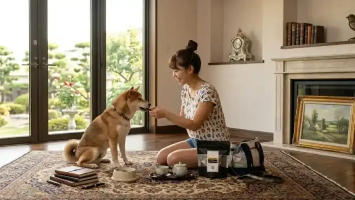 犬用鹿肉ジャーキーを愛犬に与える飼い主 ココシカ