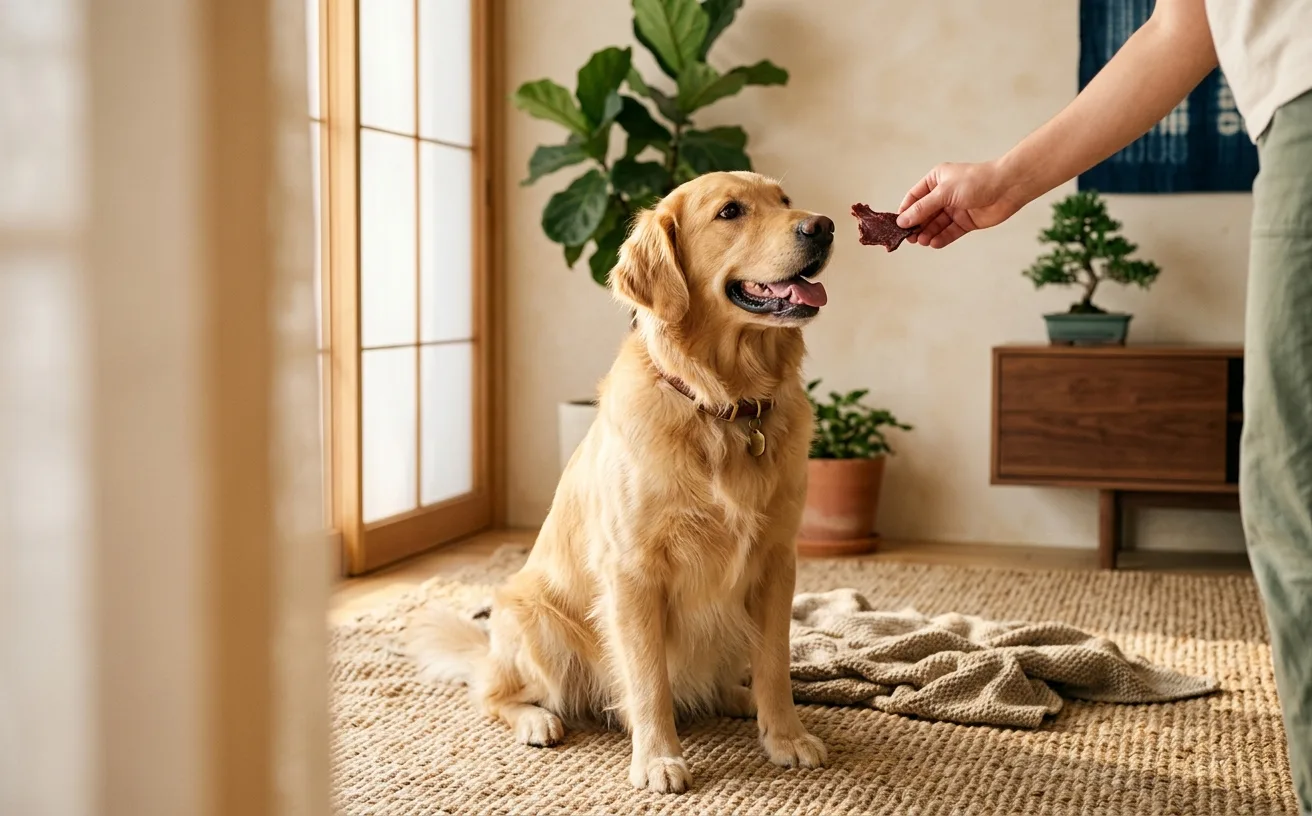 北海道十勝産エゾシカ赤身100%・完全無添加の犬用鹿肉ジャーキーを愛犬に与える飼い主 ココシカ